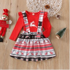【12M-5Y】Girls Christmas Print Red Top And Suspender Skirt Set