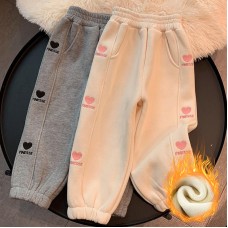 【18M-8Y】Girls Stylish Heart Shape And Letter Embroidered Thick Fleece Pants