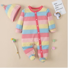 【0M-18M】Baby 2-piece Long Sleeve Rainbow Romper With Hat
